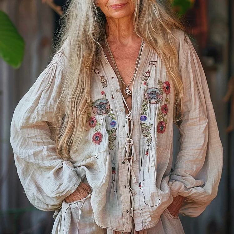 Women's Linen Casual Loose Ethnic Floral Shirt