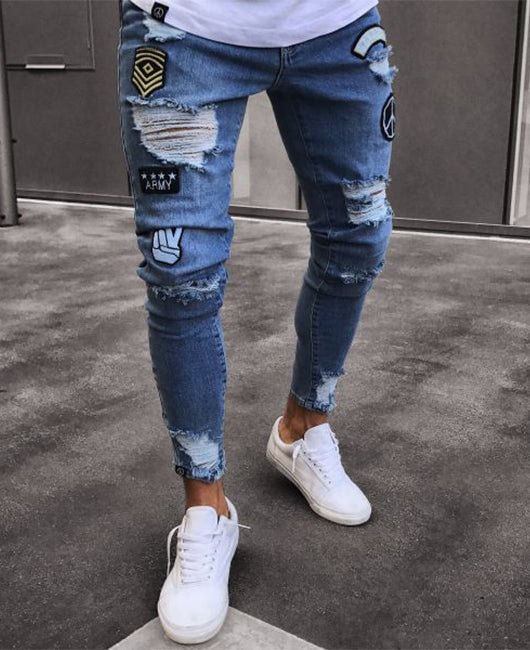 Fashion Plain Hollow Cuff Zip Decor Slim Fit Pencil Jeans
