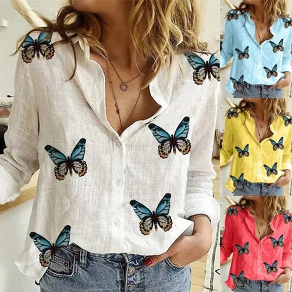 Ladies Slim Irregular Butterfly Print Ladies Shirt Turn Down Collar Cotton Linen Blouse Top - BlackFridayBuys