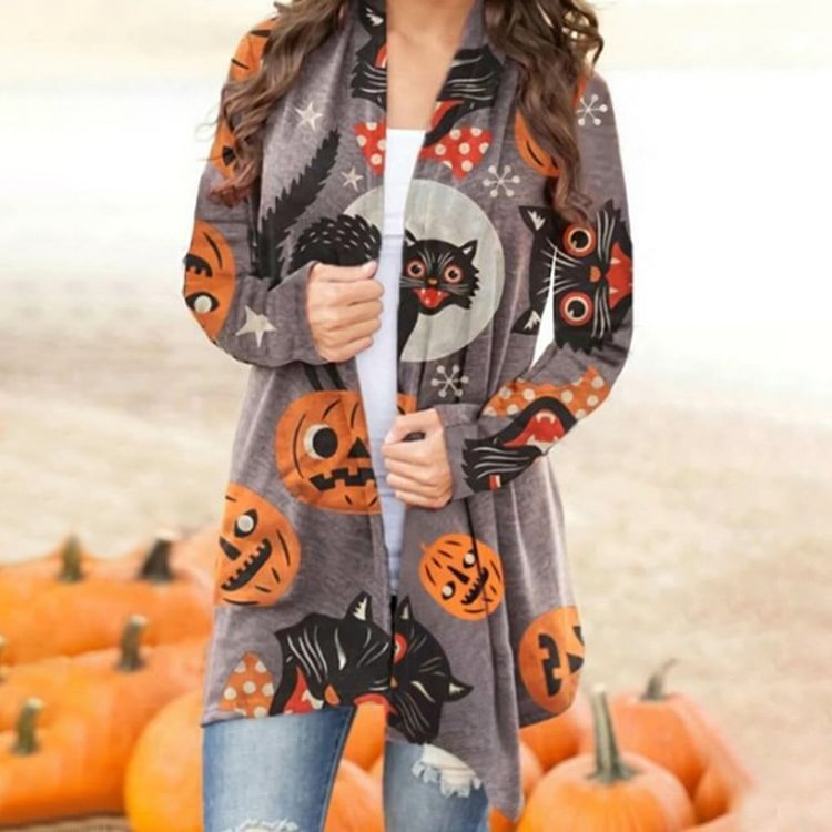 Halloween Pumpkin Cat Print Cardigan