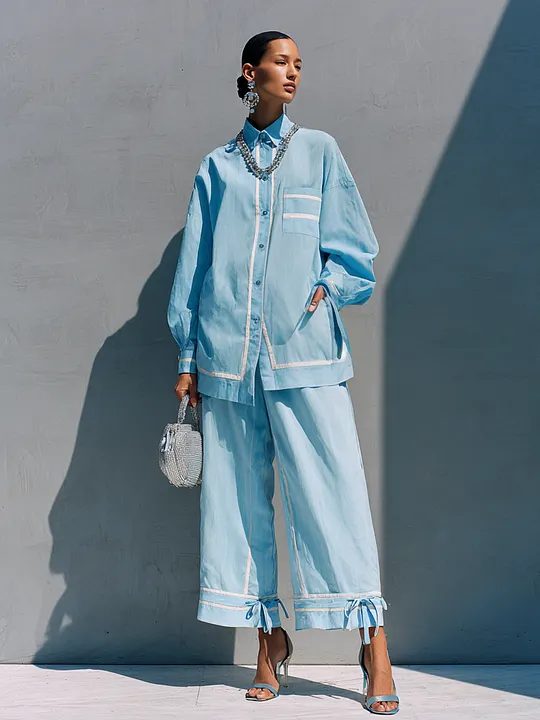 Women's Casual Vacation Light Blue Cotton Blend Contrast Binding Strap Cropped Wide Leg Pants Two Piece Set MD