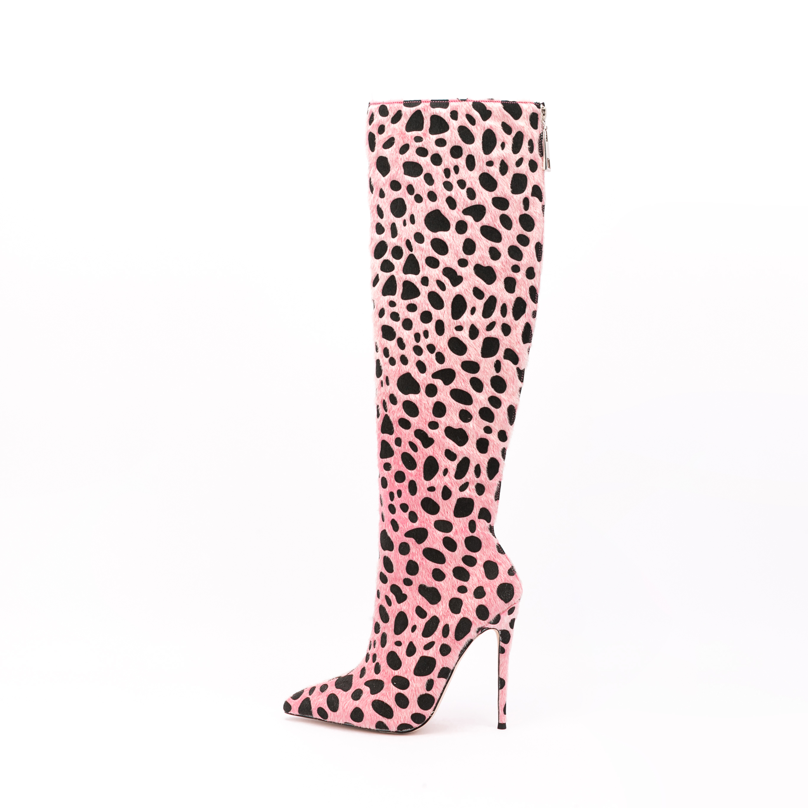 TAAFO Pink Animal Print Pointed Ladies Knee High Boots Faux Leopard Print Horsehair High Heels Boots For Women