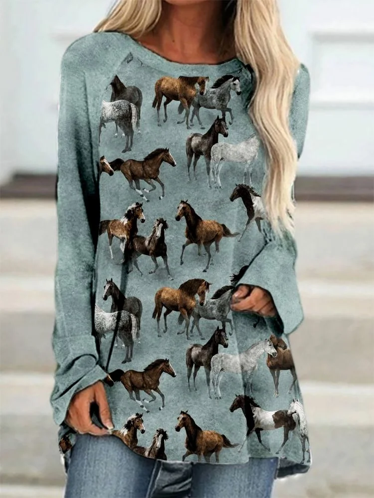 Western Wild Horses Pattern A Line Comfy T Shirt
