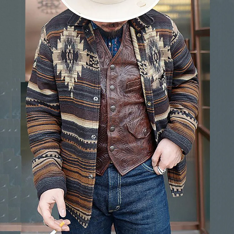 Vintage Ethnic Totem Print Wool Blend Shirt Jacket
