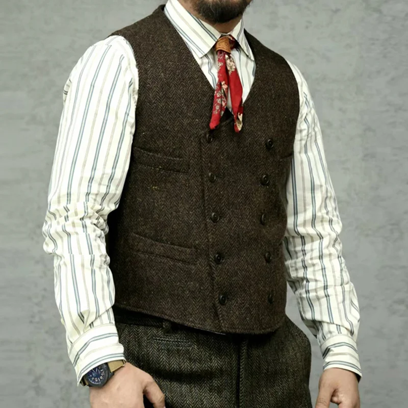 Vintage Gentleman's Wool Herringbone Double-Breasted Vest