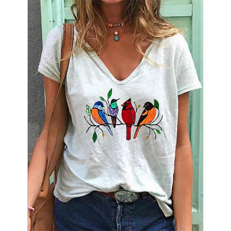 Bird Print V-neck Short Sleeve Top