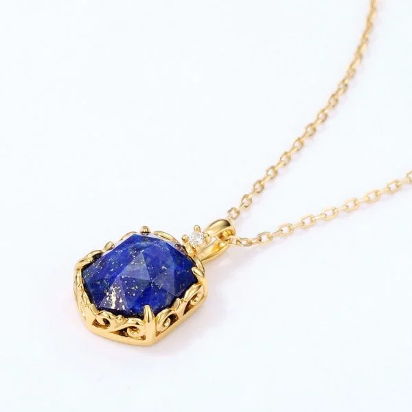 Natural Lapis Lazuli Gemstone 925 Sterling Silver Gold Plated Pendant Necklace For Women