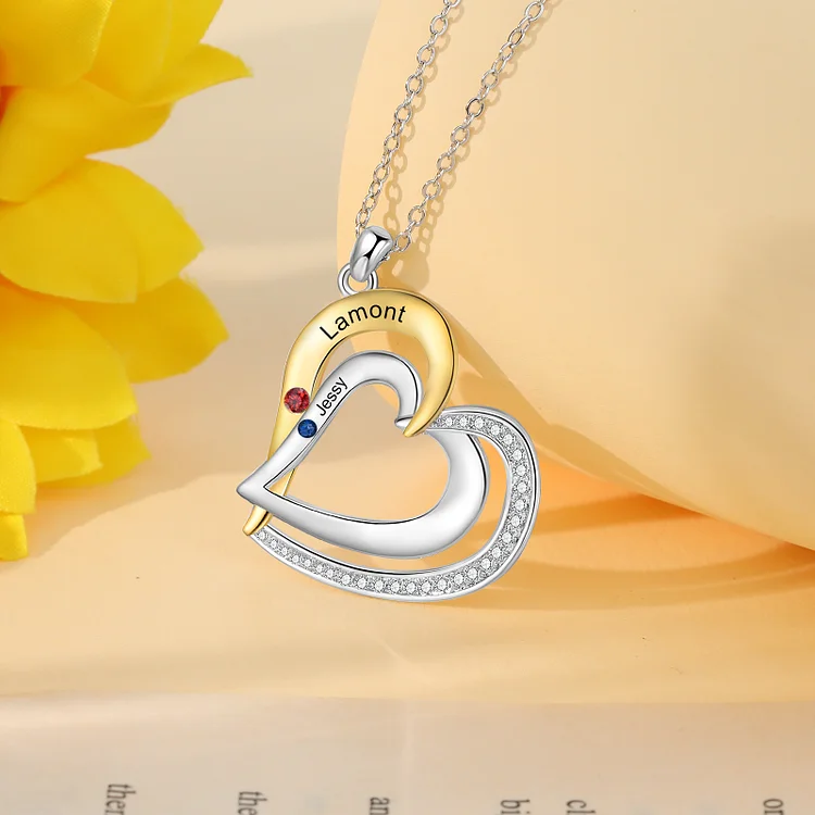 Collar de corazón de plata 925 con 2 nombres y piedras de nacimiento personalizados