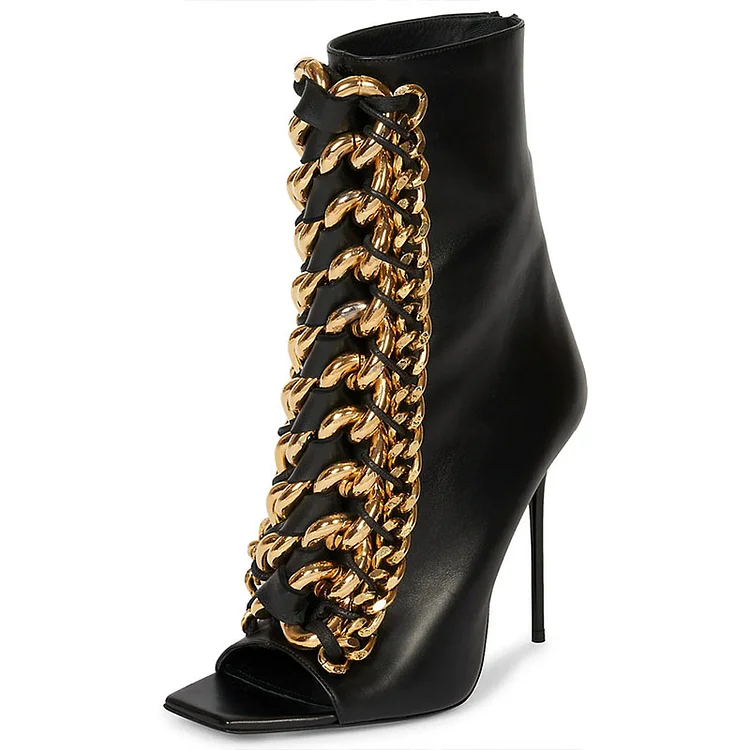 Black Peep Toe Booties Metal Chain Stiletto Heel Zipper Ankle Boots |FSJ Shoes