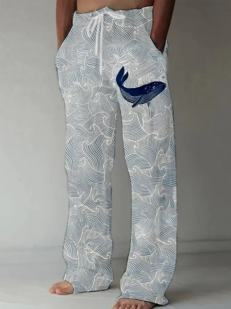 Comstylish Whale & Waves Lino Art Linen Blend Casual Pants