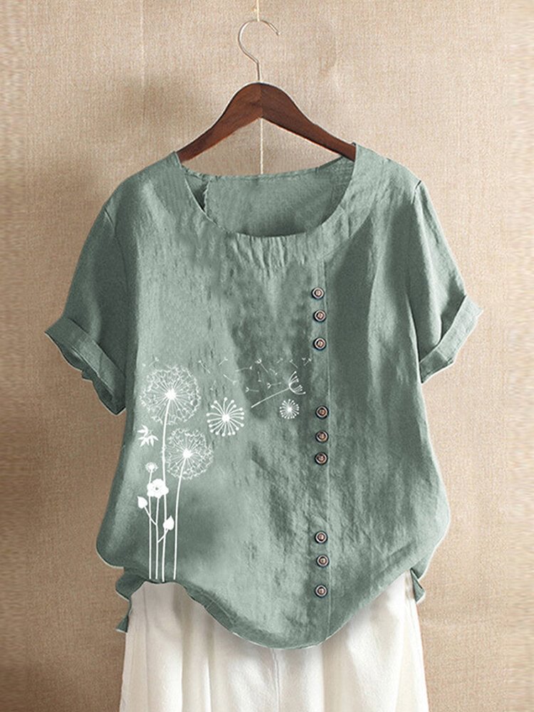 Vintage Floral Printed O neck Short Sleeve Button T shirt P1719744