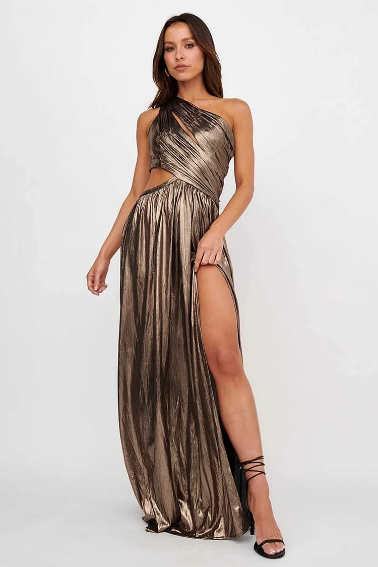Sheen Metallic Finish One Shoulder Cut Out High Slit Formal Party Maxi Dresses