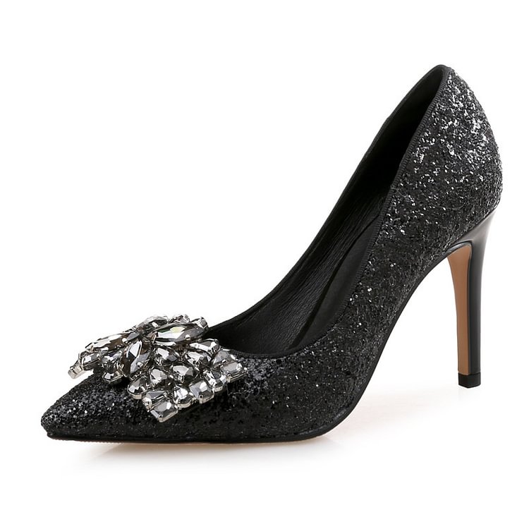 Black Glitter Shoes Rhinestone Heels Pointy Toe Evening Pumps |FSJ Shoes