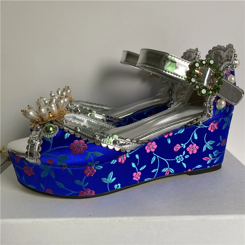 TAAFO Embroidery Flower Satin Wedges Sandals Women High Platform Beaded Rivet Rhinestone Buckle Party Shoes 