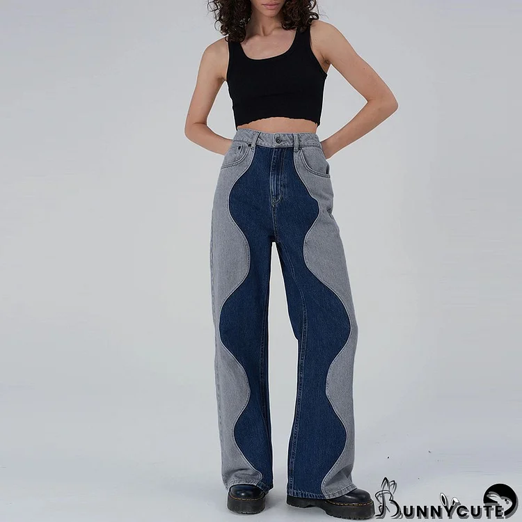 Women Trends Contrast Color Wavy Denim Straight Pants