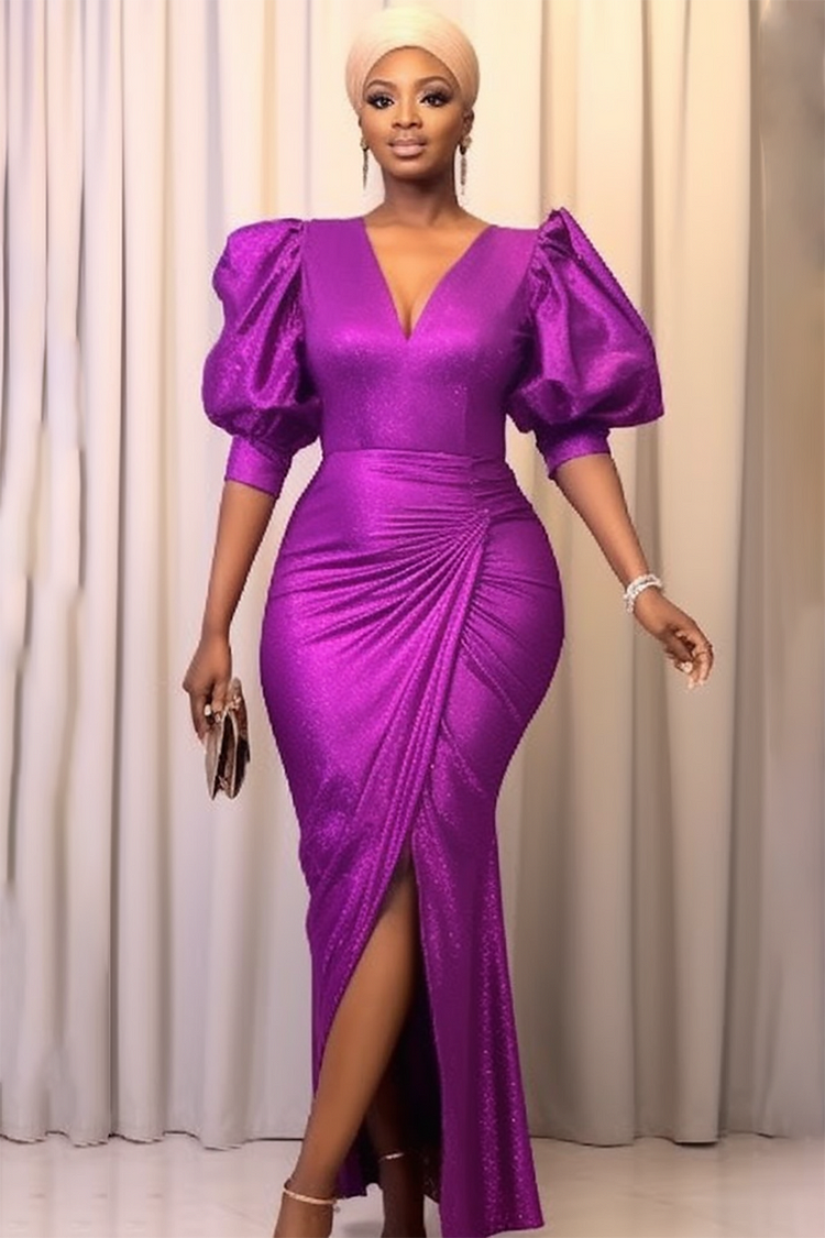 Plus Size Evening Maxi Dresses Elegant Purple Fall Winter V Neck Puff Sleeve Short Sleeve Crossover Hem Satin Maxi Dresses [Pre-Order]