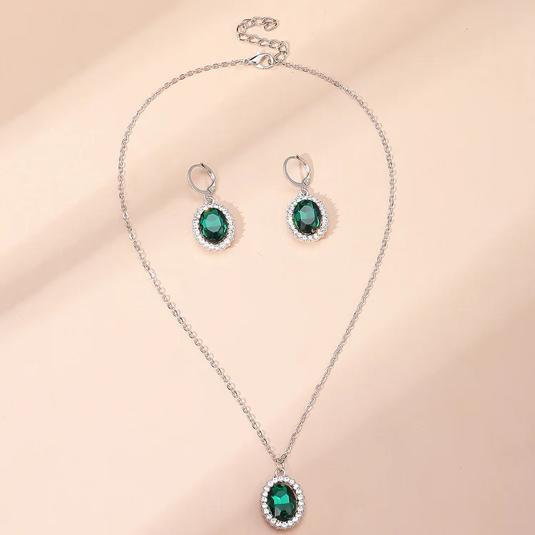 Sz0591 Oval Emerald Earrings and Necklace Set Female Accessories Retro Elegant Style