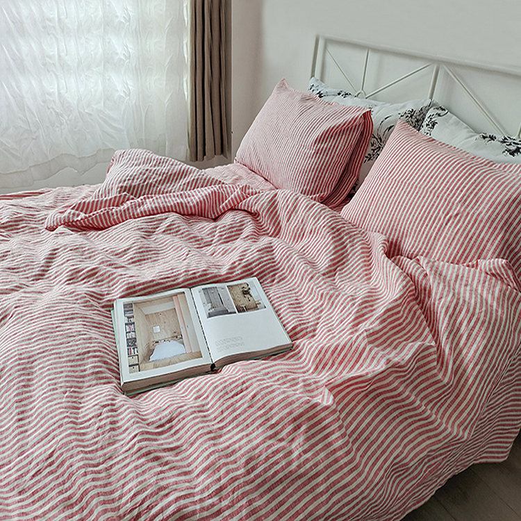 4pcs | 100% Flax Linen Duvet Cover Set With Stripes-ChouChouHome