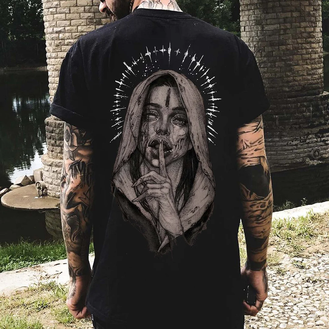 Gloomy Nun Keeping Silent Dark Style Black Print T-shirt