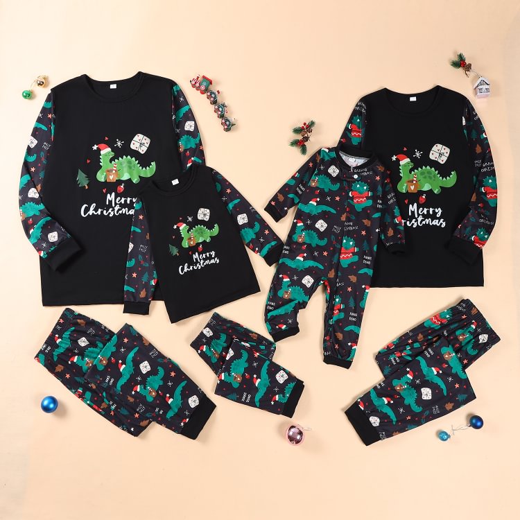 Christmas Family Matching Allover Dinosaur Print Black Long-sleeve Pajamas Sets