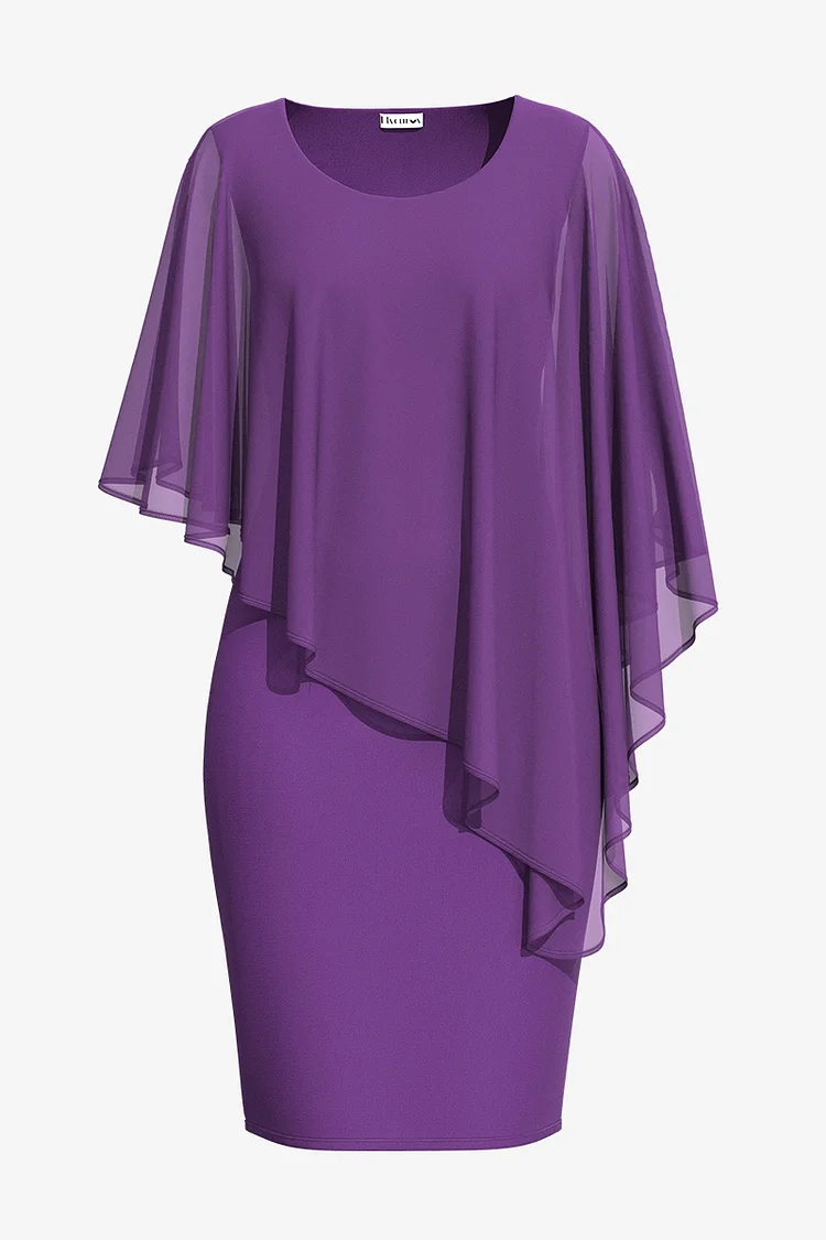 Flycurvy Plus Size Formal Purple Chruch Asymmetric Design Batwing Sleeve Layered Midi Dress  Flycurvy [product_label]