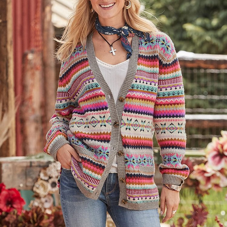 Vefave Fairman Island Contrast Striped Jacquard Vintage Cardigan
