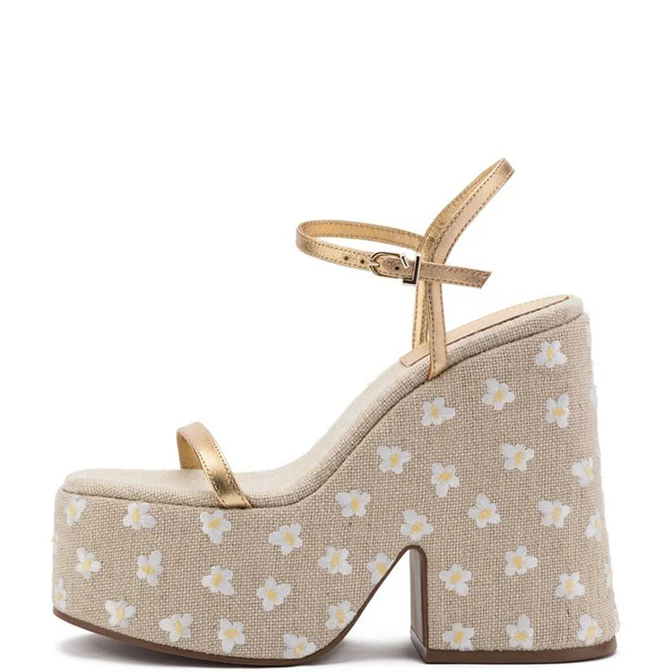 Beige Canvas Platform Sandals Open Toe Gold Strappy Floral Heels |FSJ Shoes