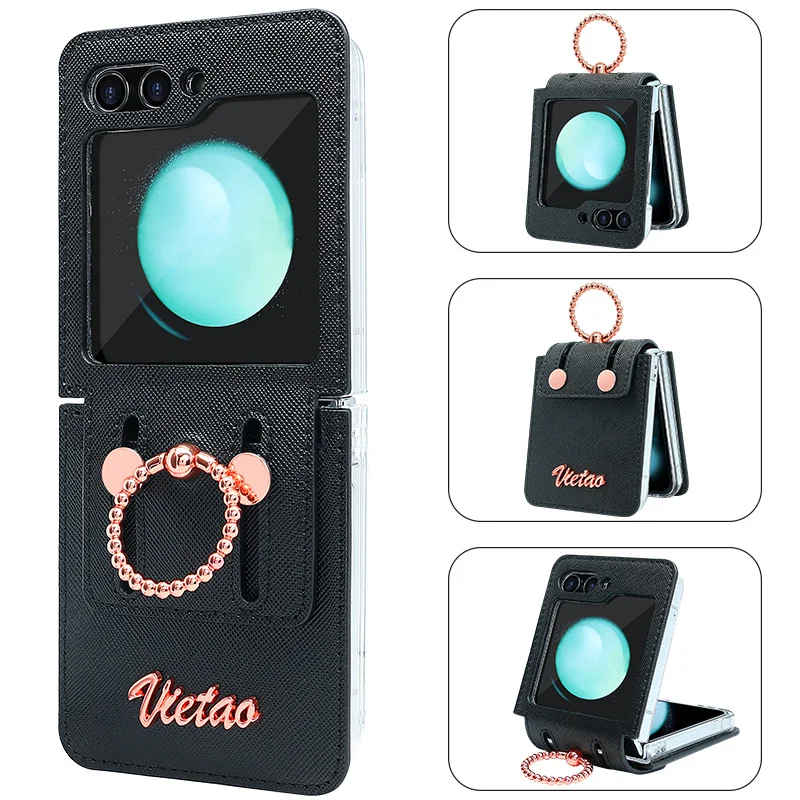Leather Phone Case With Rotating Finger Ring And Kickstand For Galaxy Z Flip3/Z Flip4/Z Flip5