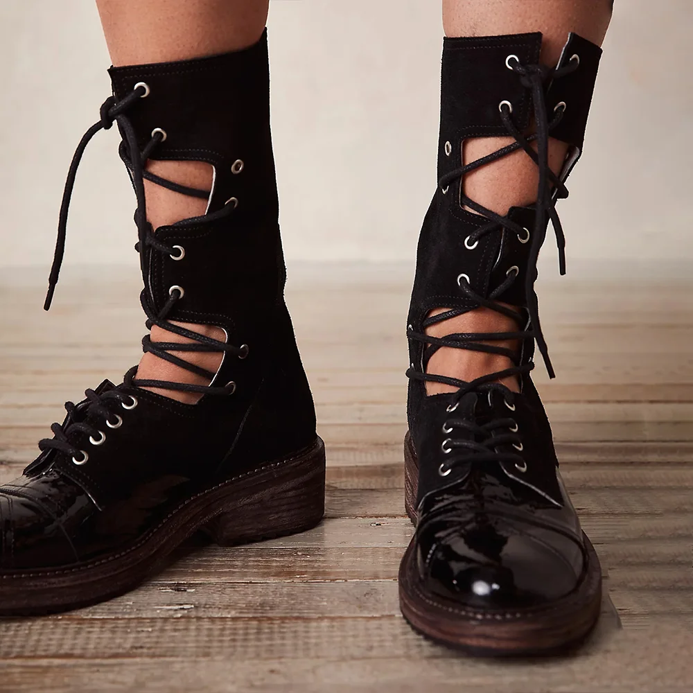 Black Round Toe Hollow Out Mid-Calf Lace Up Boots with Low Heels Nicepairs