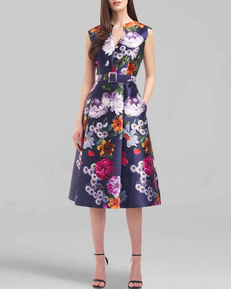Women's Floral Print Slip Pocket Satin Dress