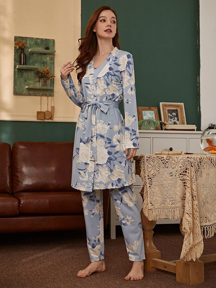 Women's Loungewear Robe Long Sleeve Pajamas 3pcs