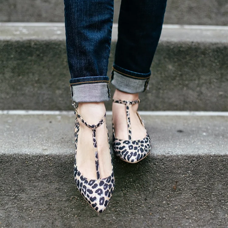 Comfortable Leopard Print Flats T-strap Pointy Toe Vegan Suede Shoes |FSJ Shoes