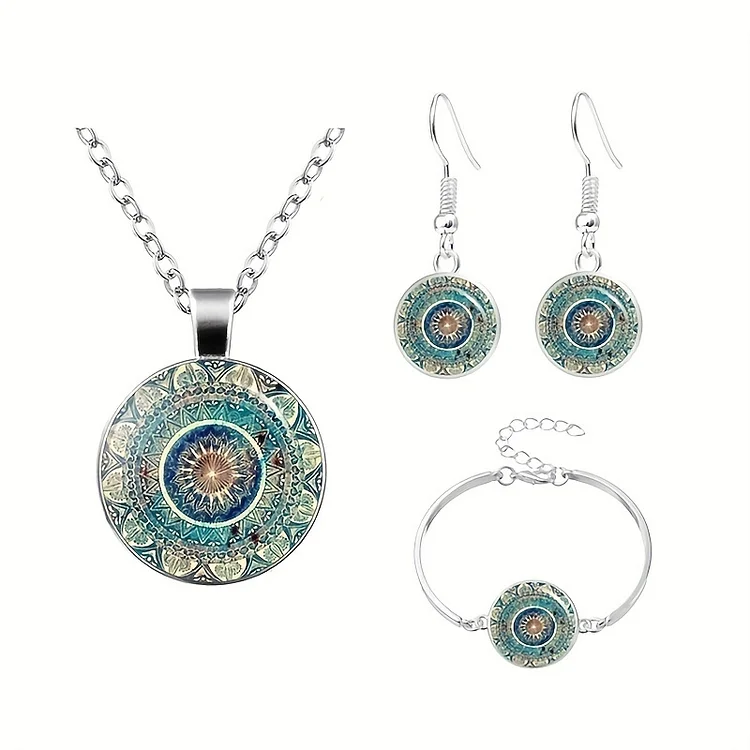 Mandala Flower Time Gemstone Necklace & Bracelet & Earrings Jewelry Set Vintage Decorations Creative Glass Pendant For Women