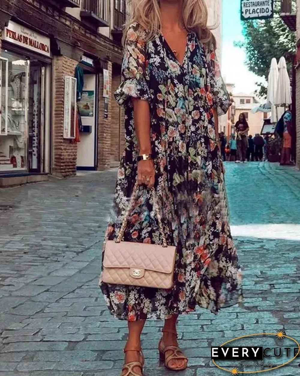 Floral Mid Sleeve French Dress