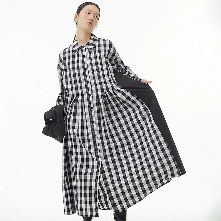 Casual Loose Turn-down Collar Dot Plaid Patchwork Single-breasted Long Sleeve Dress