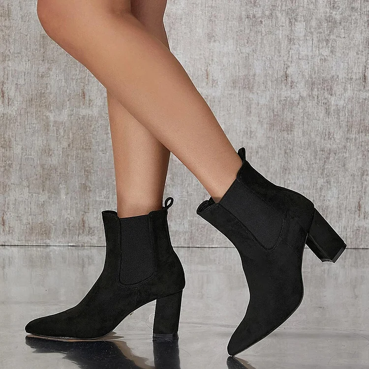 Black Vegan Suede Chelsea Boots Pointed Toe Block Heel Booties |FSJ Shoes