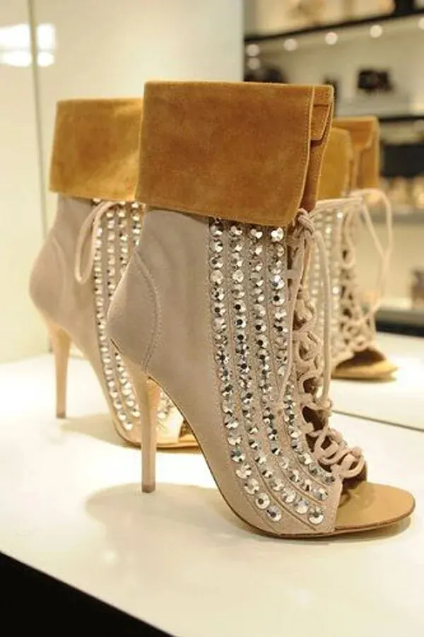 VCSHOES Woman Crystal Embellished Ankle Boots Peep Toe Foldover Patchwork Woman Crossed Boots Women Short Boots