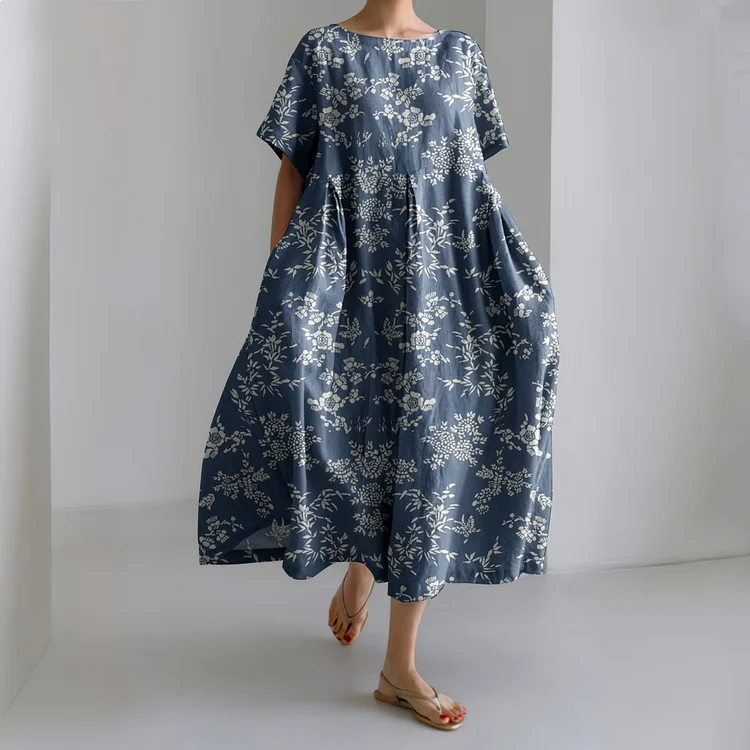 VChics Vintage Flower Print Short Sleeves Loose Midi Dress