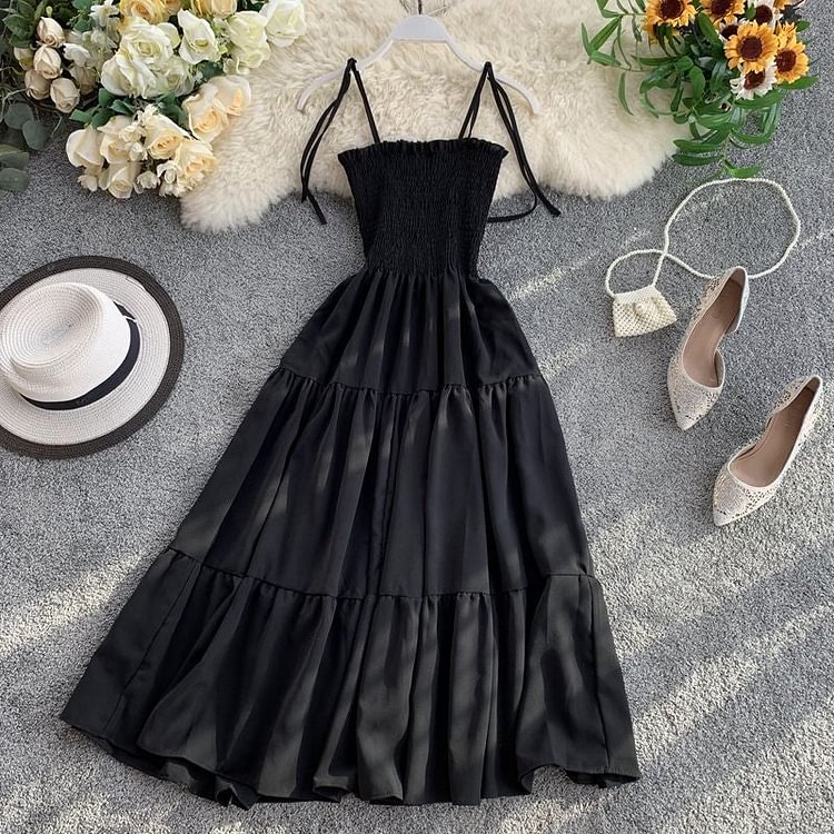 Cottagecore Fashion Tie-Shoulder Shirred Tiered A-Line Midi Dress CF42