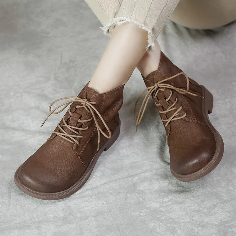 Wide Toes Handmade Genuine Leather Boots Lace-Up Combat Boots Retro Chunky Ankle Boots