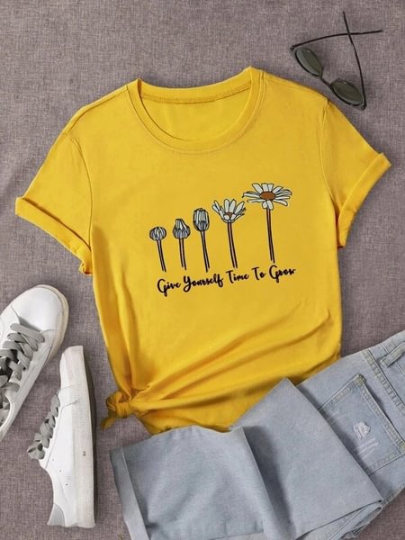 Give You Time To Grow Sunflower Graphic Tee Kawaii Cute Grunge Vintage Yellow Unisex Women T-Shirt - Shop Trendy Women's Clothing | LoverChic