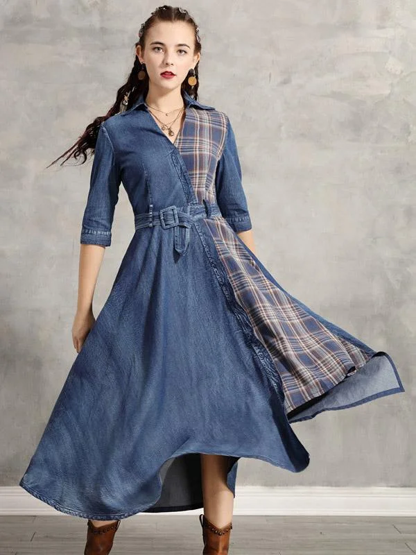 Vintage Plaid Splicing Cropped Jean Midi Dress