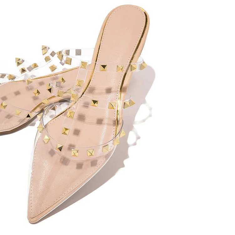 Women's Pointed Toe T-Strap Flat Mules Stud Embellished Clear Shoes |FSJ Shoes