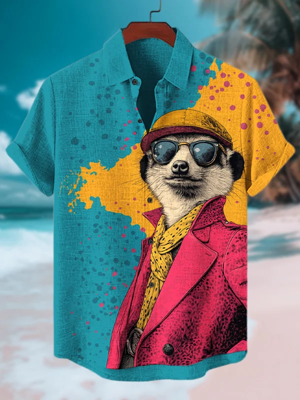 Men's Gentleman Mongoose Stylish Pop Art Print Short Sleeve Shirt