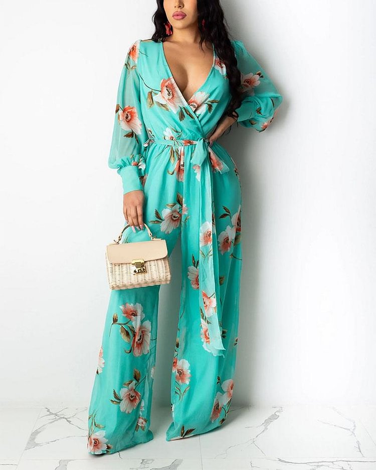 Floral Print Overlap Self-Tie Wide Leg Casual Jumpsuit - Shop Trendy Women's Clothing | LoverChic