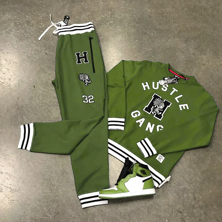 Fashionable Olive green stripe hustegang printed sweater set