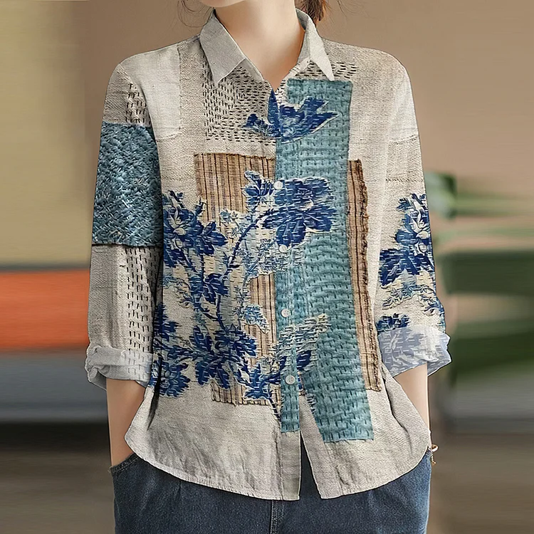Comstylish Embroidered Flower Art Print Long Sleeve Shirt