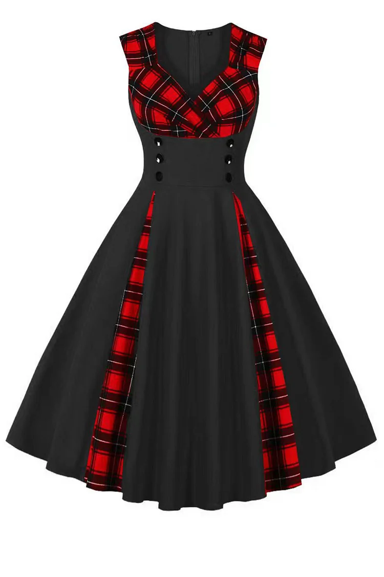 1950s Black Casual Double Breasted Plaid Sleeveless V Neck Flare Swing Midi Dress