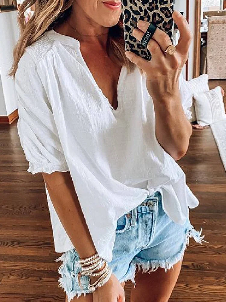Bestdealfriday White Cotton Blend Short Sleeve Casual V Neck Shirts Tops 9418680