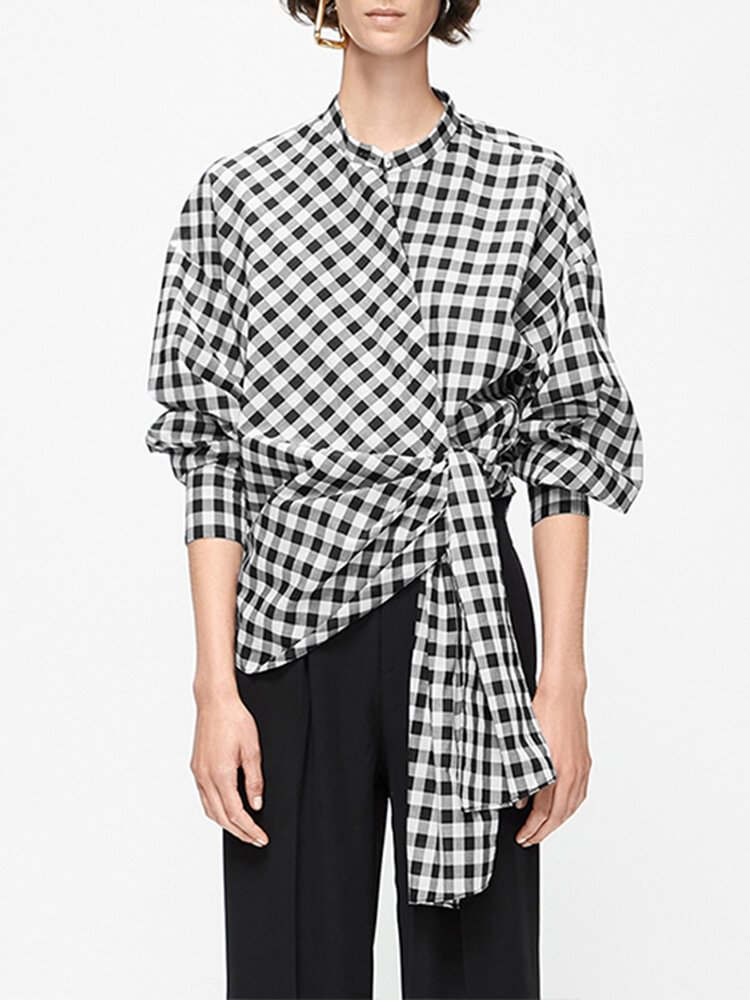 Plaid Belt Stand Collar Irregular Hem Long Sleeve Blouse P1700667